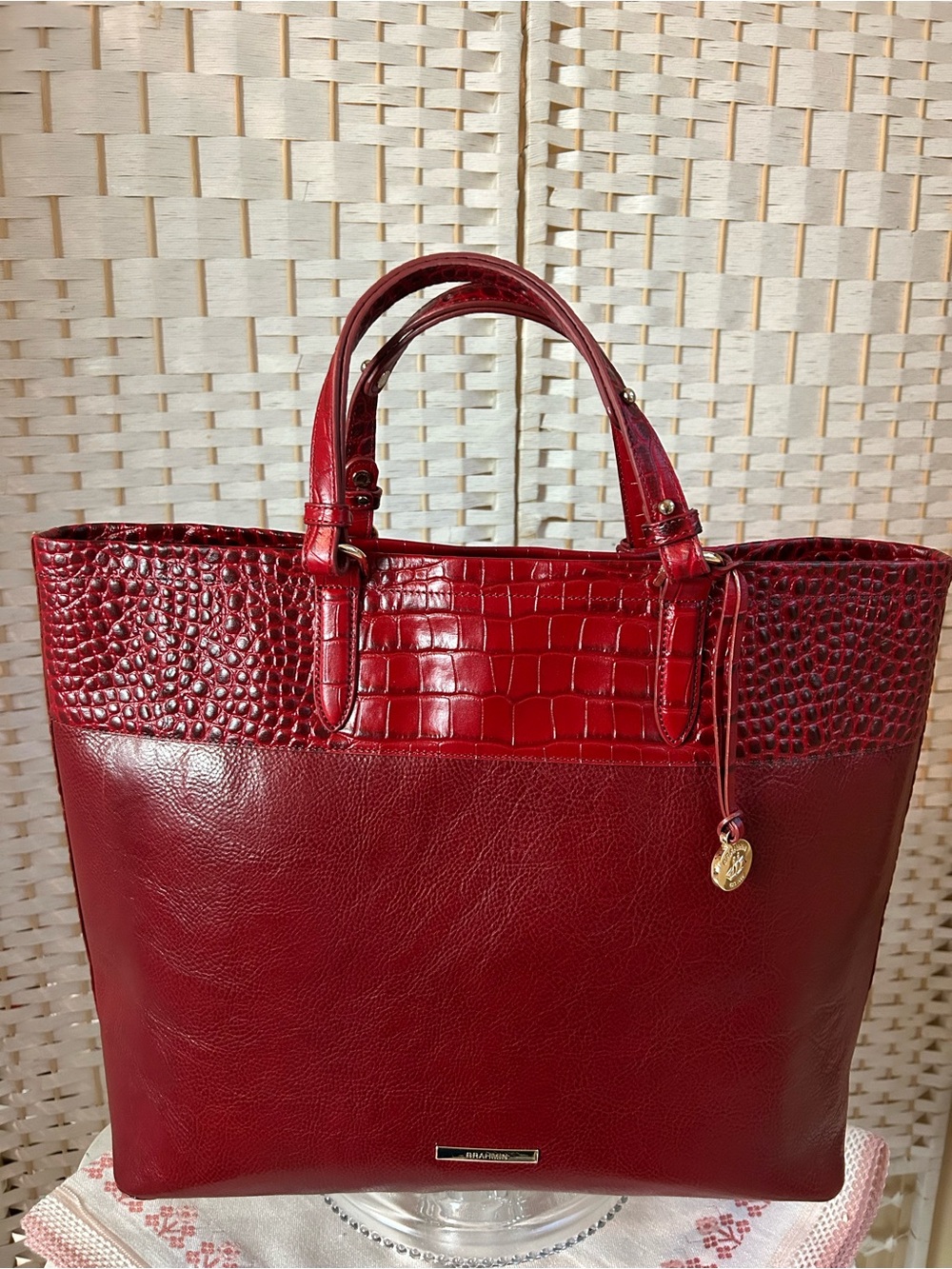 BRAHMIN Red TANSEY CHILI Laurence Croc-Trim Leather Tote Bag Purse Large Retired